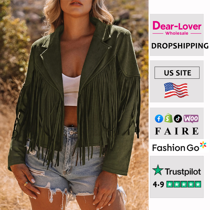 Dear-Lover Wholesale Women Green Cropped Fringe Faux Suede Western Jacket Western