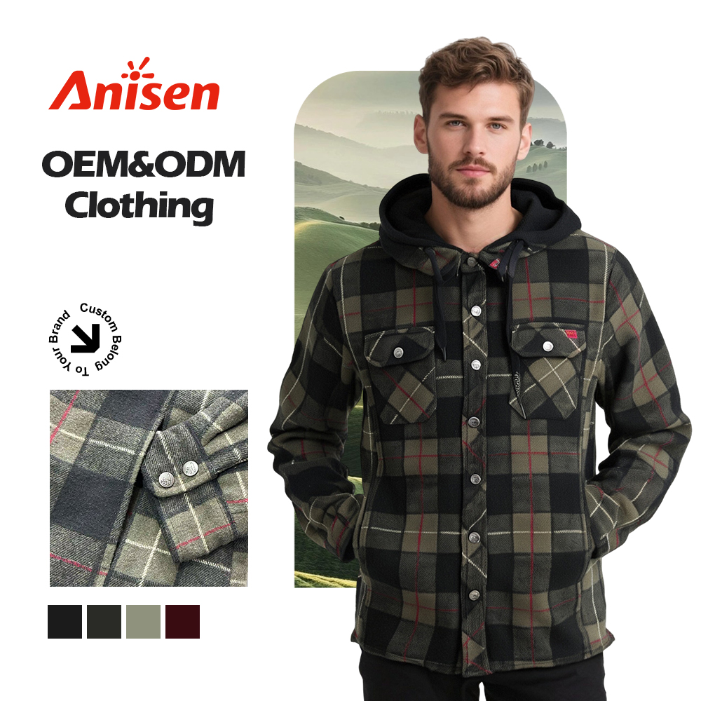 Men's Vintage Double-Placket Flannel Quilted Jacket Coat Hooded Plaid Shirt with Front Logo Dyed for Winter Season