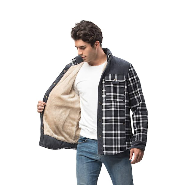 Men's Casual Long Sleeve Plaid Shirt Jacket Super Thick Warm Flannel Lined Collared Neck 100% Cotton Anti-Wrinkle Breathable